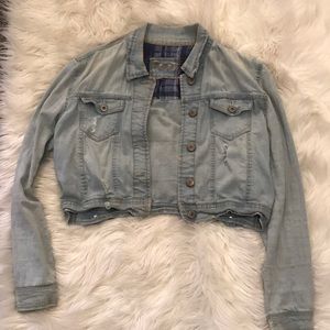 Distressed crop jean jacket